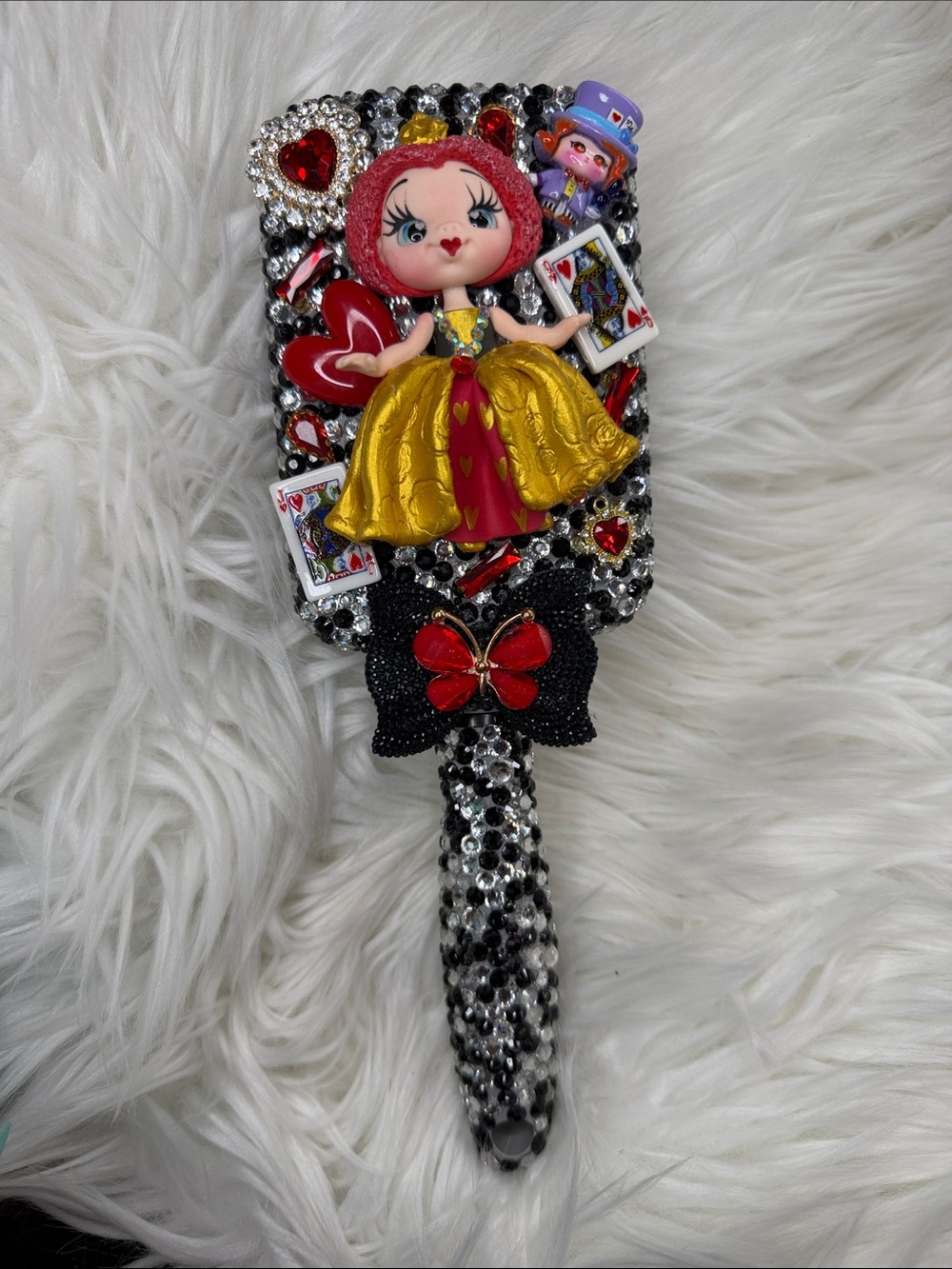 Hand Crafted Yellow Red Black Jeweled Hair Brush with Doll Accent